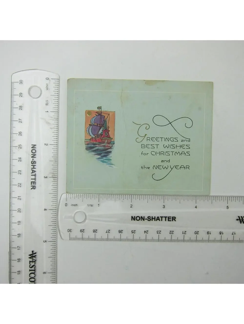 Antique Christmas Card Sailing Ship at Sea Green American Colortype Company